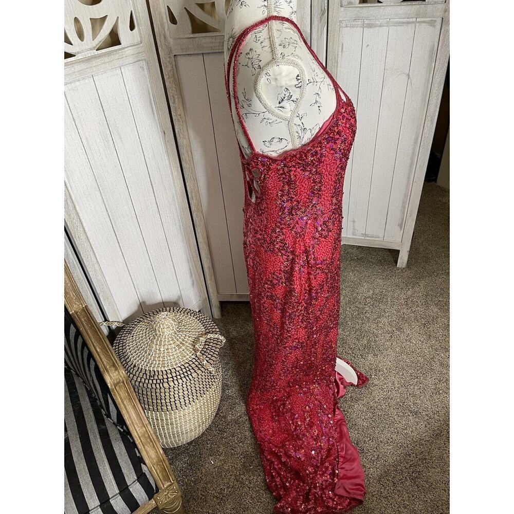 Glam Gurlz Pink Fully Beaded Sequin Prom Evening Dress Train High Slit Medium - Picture 3 of 11